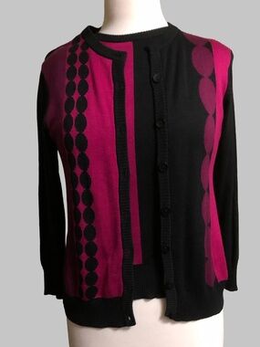 VTG 100% Silk Essentials G Knit Cardigan Twin Set • Mod Pink Black • PS
